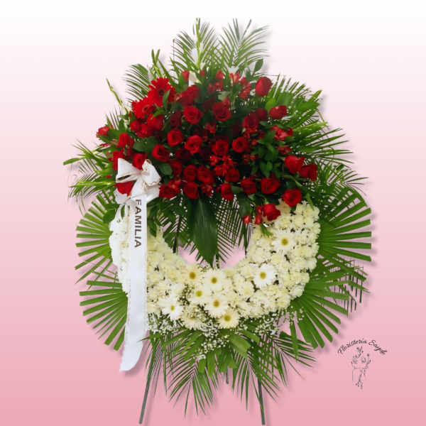 Corona funeraria con rosas y gerberas Corona funeraria con rosas y gerberas