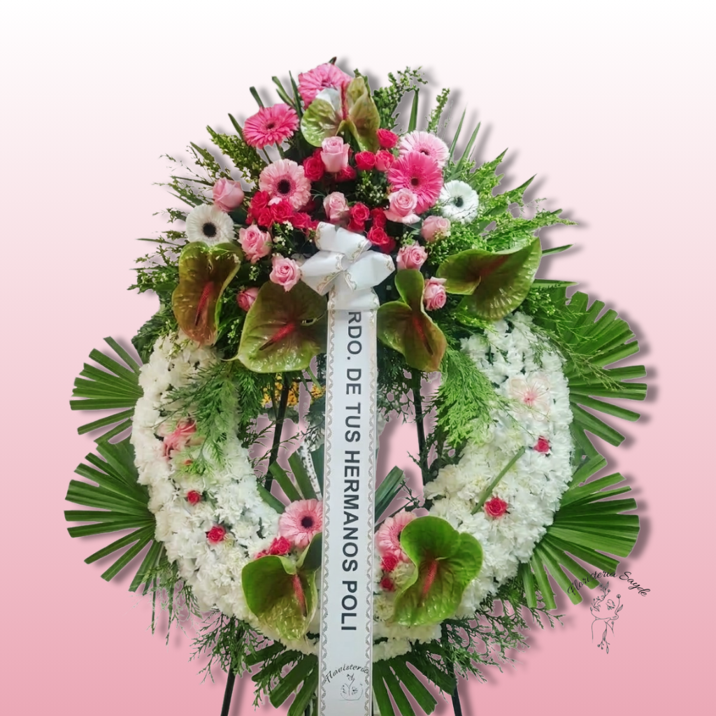 corona de flores blancas y lilium rosa (14) Corona con claveles blancos y centro