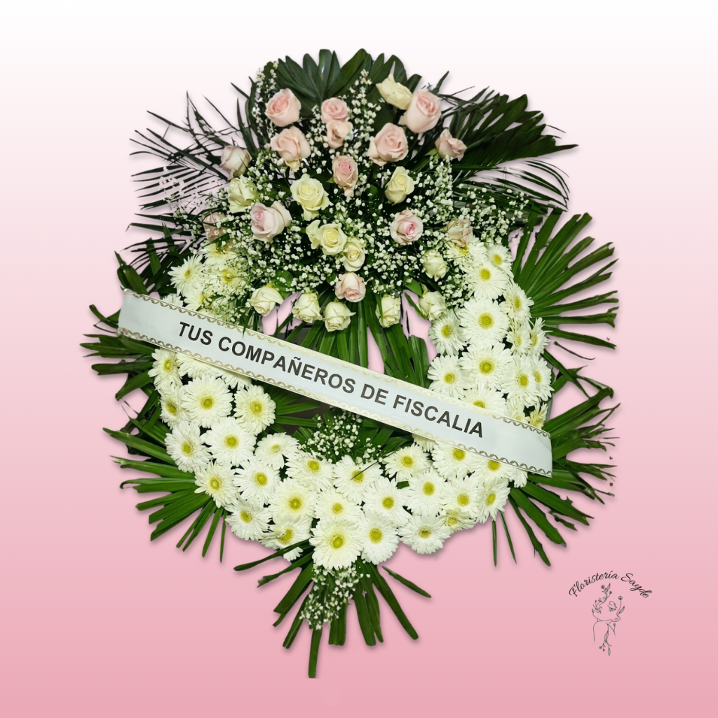 corona de flores blancas y lilium rosa (12) Corona con gerberas blancas y rosas