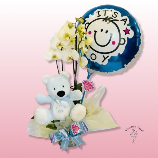 Orquídea regalo con globo y peluche