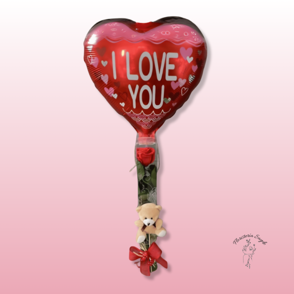Rosa preservada con globo y peluche