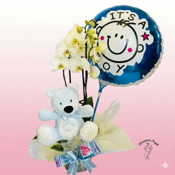 Orquídea regalo con globo y peluche