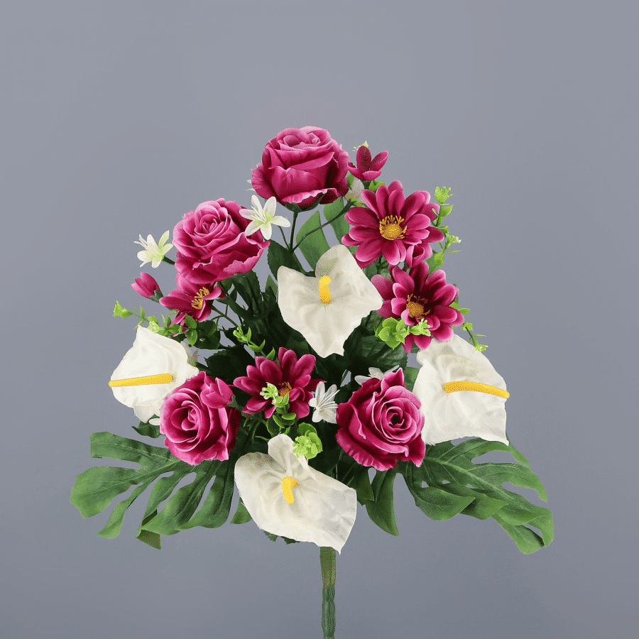 ramo artificial de margariatas anturium y rosas tonos morados y blancos