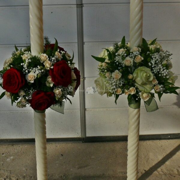 Decoracion de velas para bautizo o boda con rosas rojas y blancas