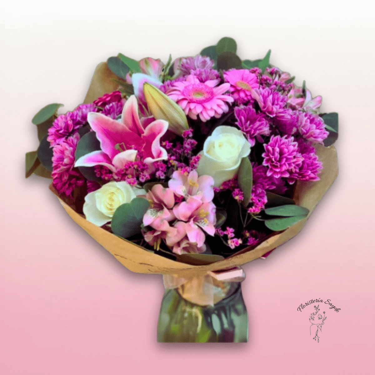 Ramo de flores en tonos morados y rosas