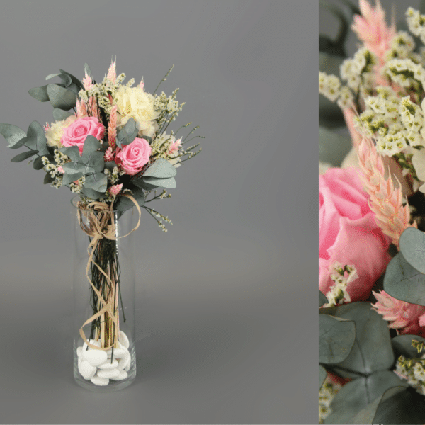 ramo preservado de rosas rosa, eucalipto y hortensia