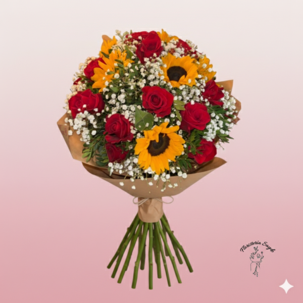 Ramo de girasoles y rosas rojas