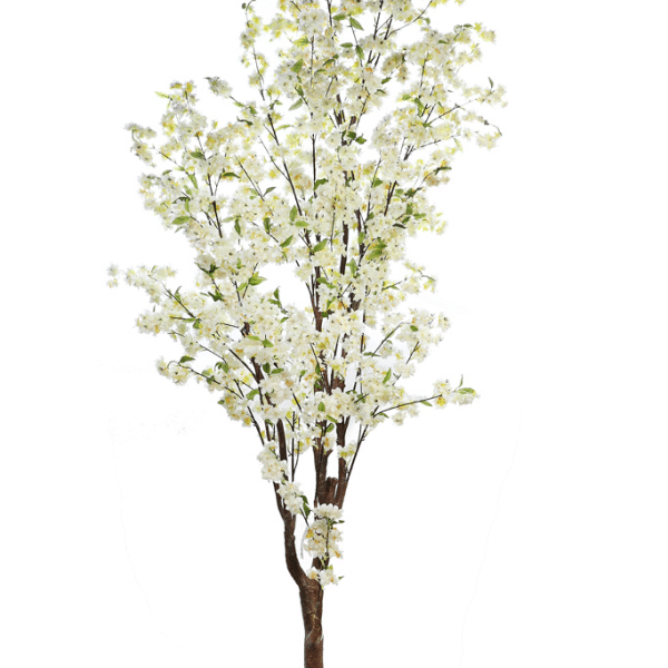 Almendro Artificial de 2,6m con flores blancas de tela y tronco realista, ideal para decoración en interiores y eventos.