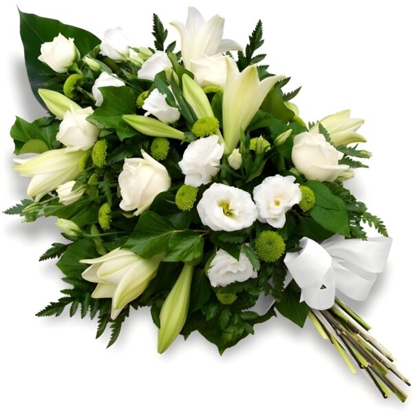 💐 Ramo fúnebre blanco con lirios, rosas y lisianthus, decorado con follaje verde y lazo blanco. 🕊️ Ideal para funerales y condolencias.