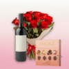 pack flores vino y chocolates