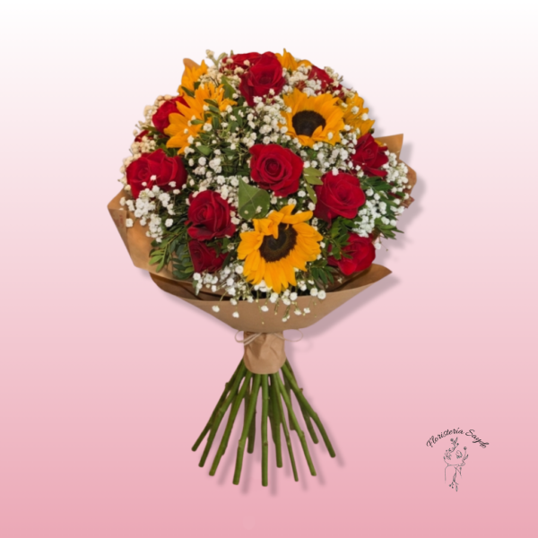 Ramo de girasoles y rosas rojas