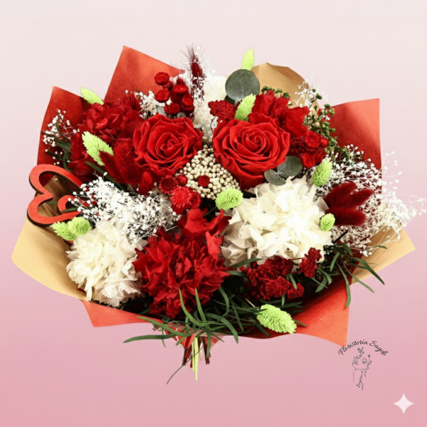 Ramo Preservado - Rosas Rojas y Hortensias Blancas