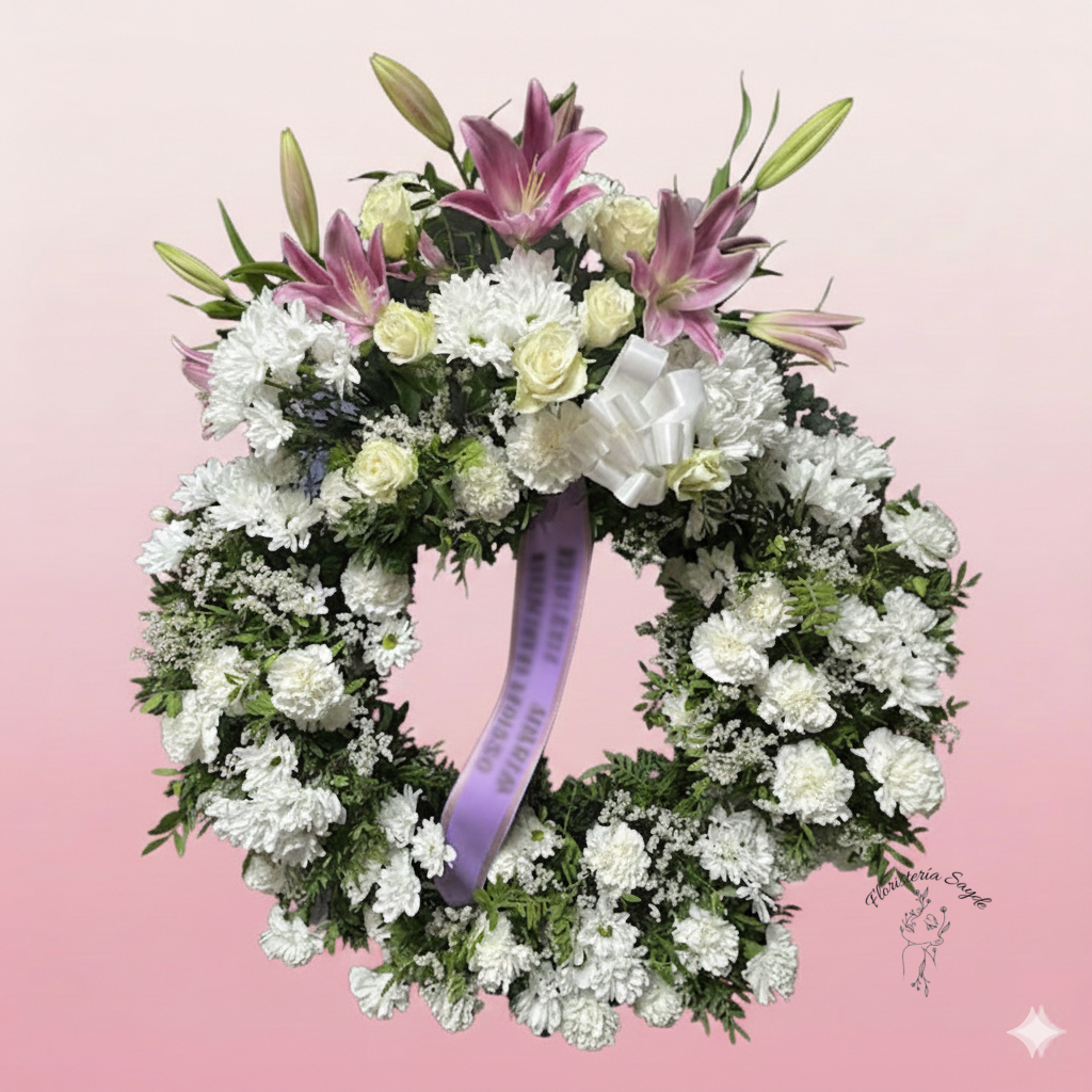 corona de flores blancas y lilium rosa corona de flores blancas y lilium rosa