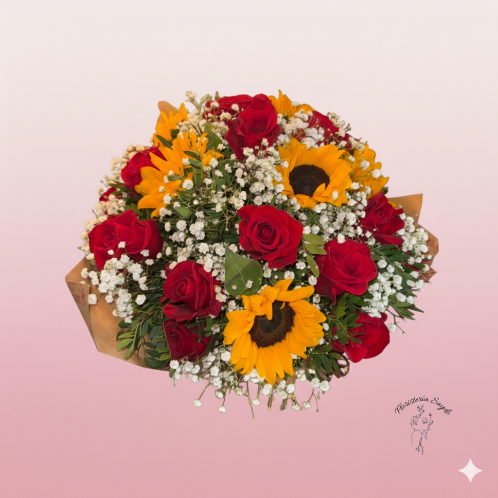 Ramo de girasoles y rosas rojas Ramo de girasoles y rosas rojas
